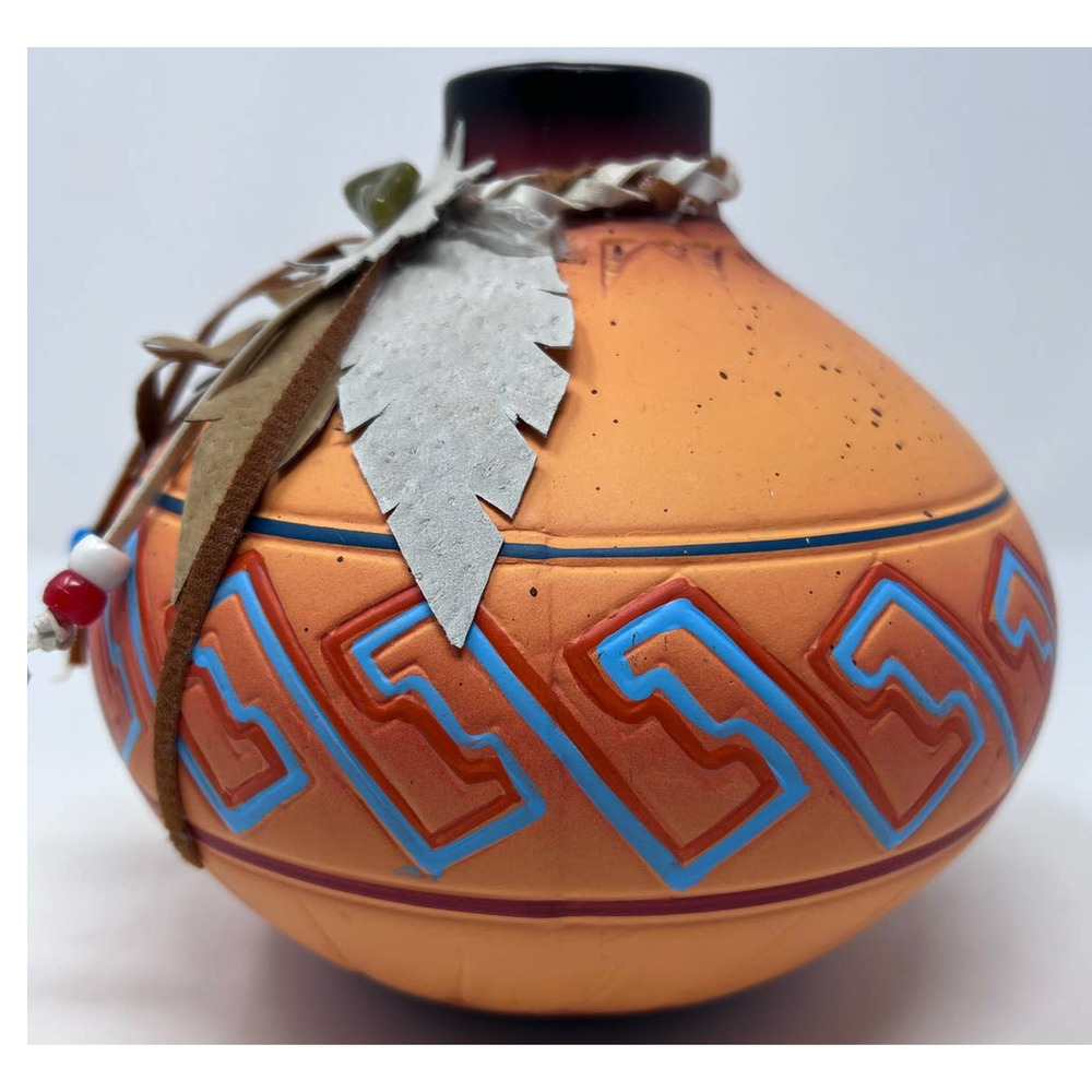 Decorative Painted Blue Orange Vase Leather Shaped Feathers with‎ Beads 8" Tall - Picture 4 of 7